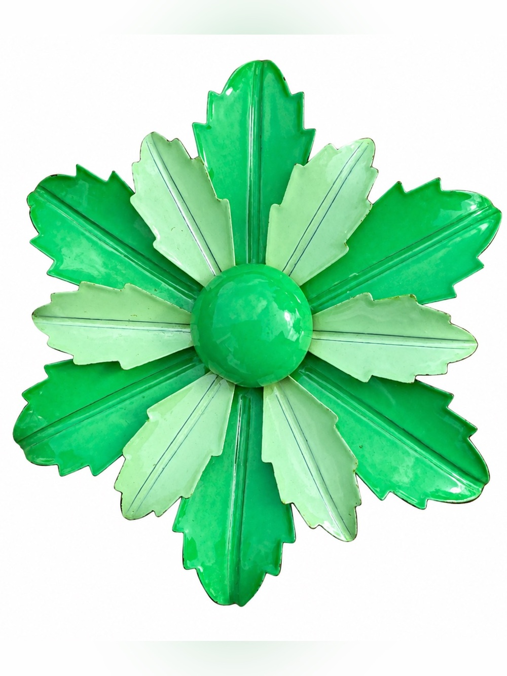 Vintage Green Enamel Flower Power Brooch Two Tone Silver Tone 3” retro 1960s pin